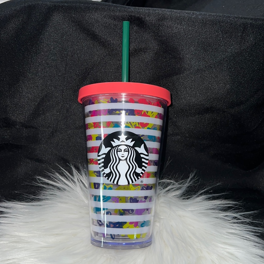 Starbucks 2017 Floral & White Stripes 16oz Cold Cup Grande Tumbler with Straw